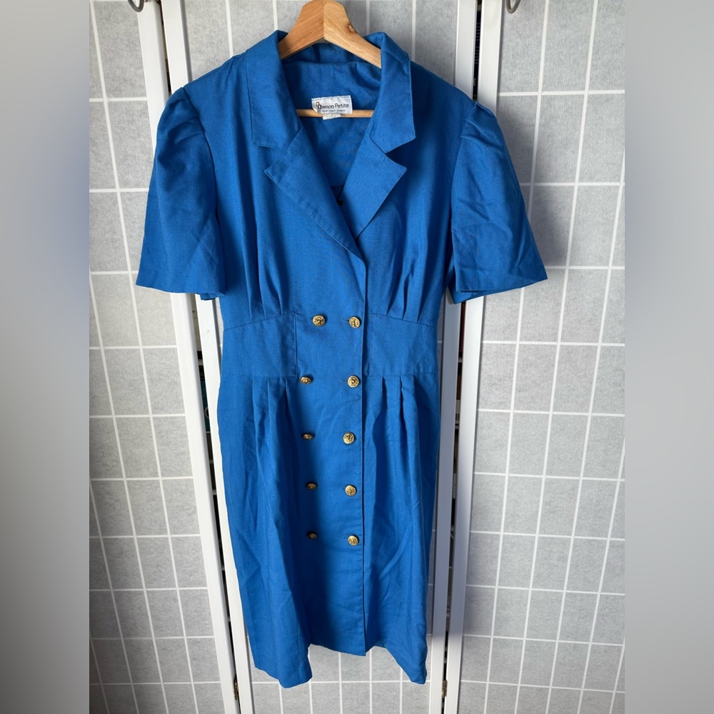 Vintage Damon Petite Elegant Blue Button-Down Dress, Size 8P.